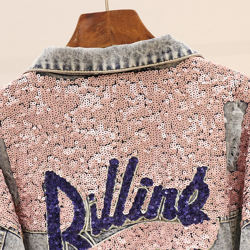 Куртка женская джинсовая с отверстиями и блестками модная базовая верхняя