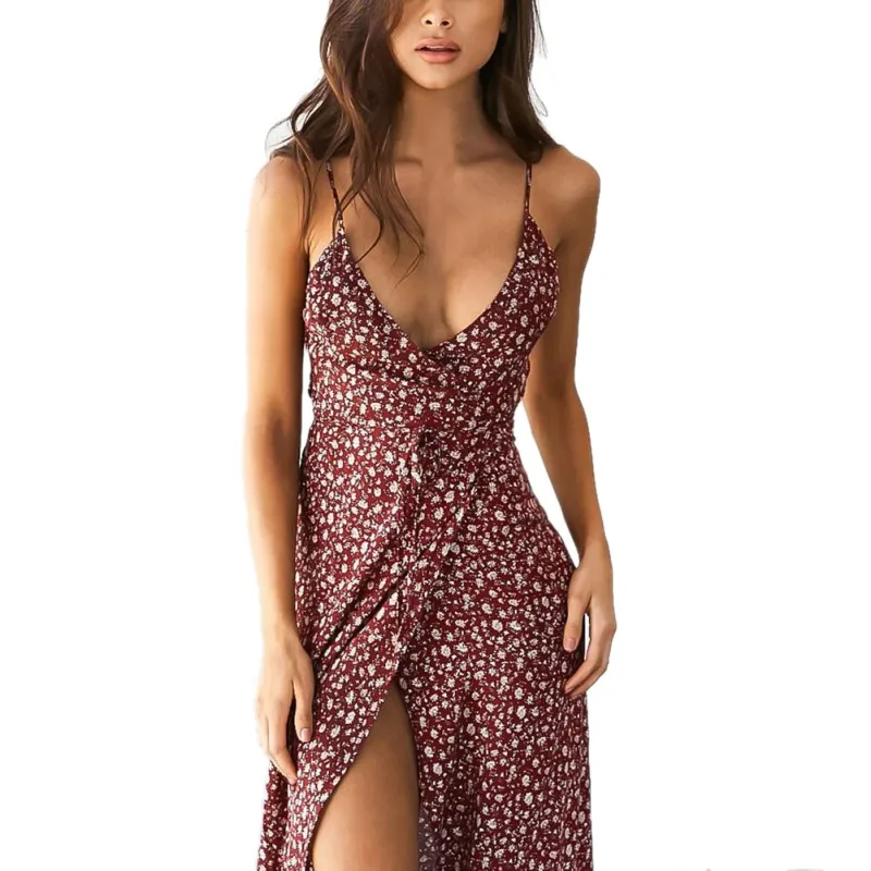 

Women Long Maxi Dress Fashion Spaghetti Floral Front Split Printed Beach Dresses Party Dress Vestidos Femme W1