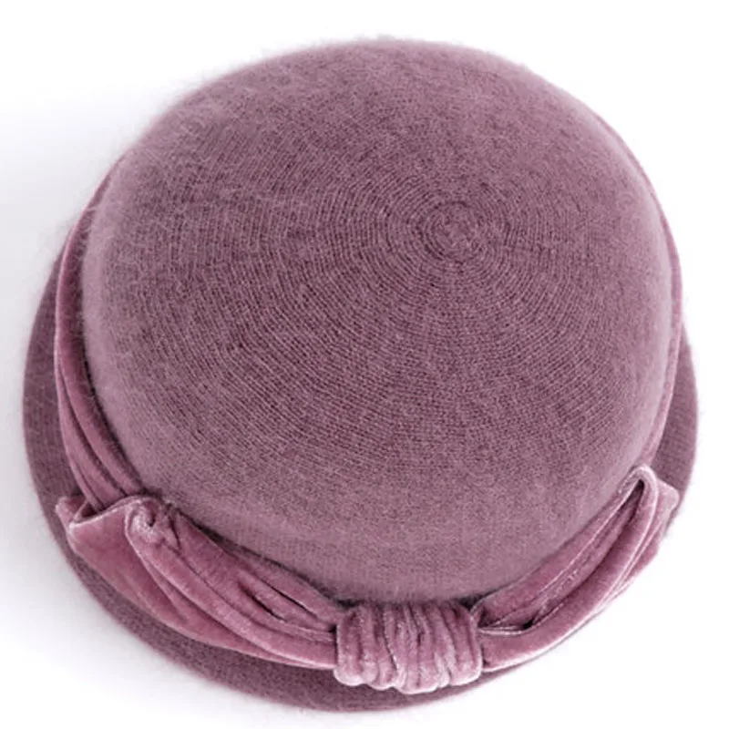Pale Purple Cap Only Для женщин шерсти кроличий мех трикотажная шапка Федора модные Винтаж шляпа с широкими полями Женская зимняя обувь Шапки вырезом теплая шапка с шарфом - Цвет: Pale Purple Cap Only
