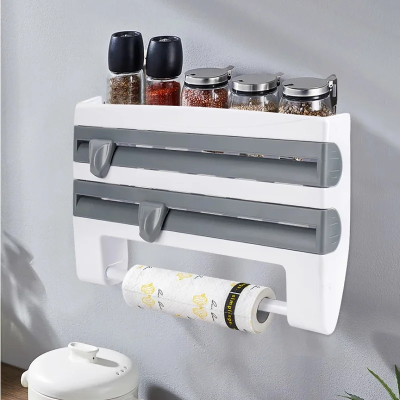 

New Kitchen Wall Hanging Organizer Shelf Paper Towel Holder Cling Film Cutting Holder Sauce Bottle Tin Foil Paper Storage Rack