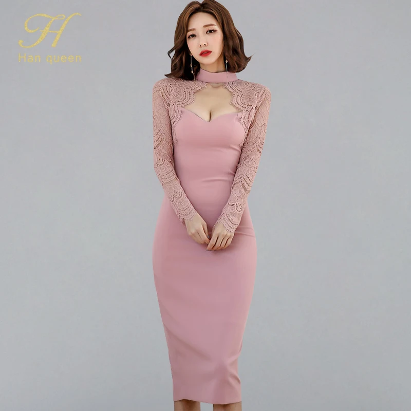 Женское ажурное платье карандаш H Han Queen Осеннее кружевное элегантное футляр с