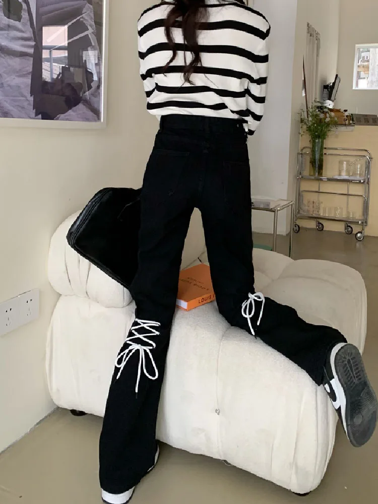 Vintage Harajuku Elegant Black Women Jeans Spring Fashion Hight Waist Trousers Denim Straight Straps Loose Cowboy Mopping Pants