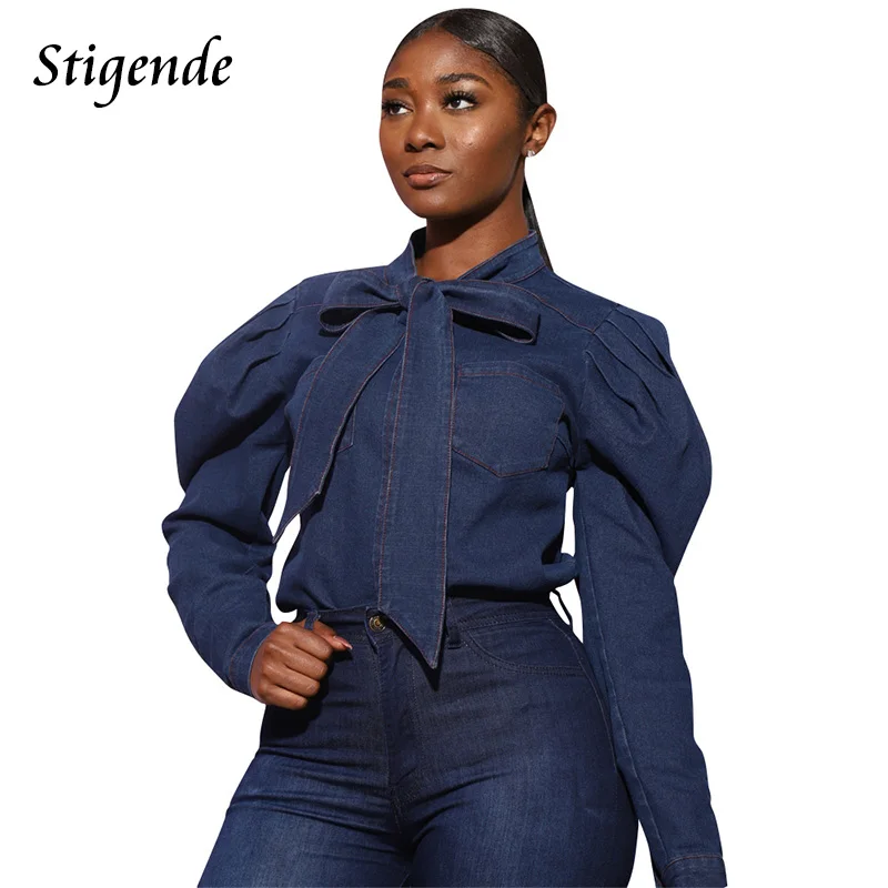 Женская Джинсовая блузка с длинным рукавом бантом и карманами|Блузки| |