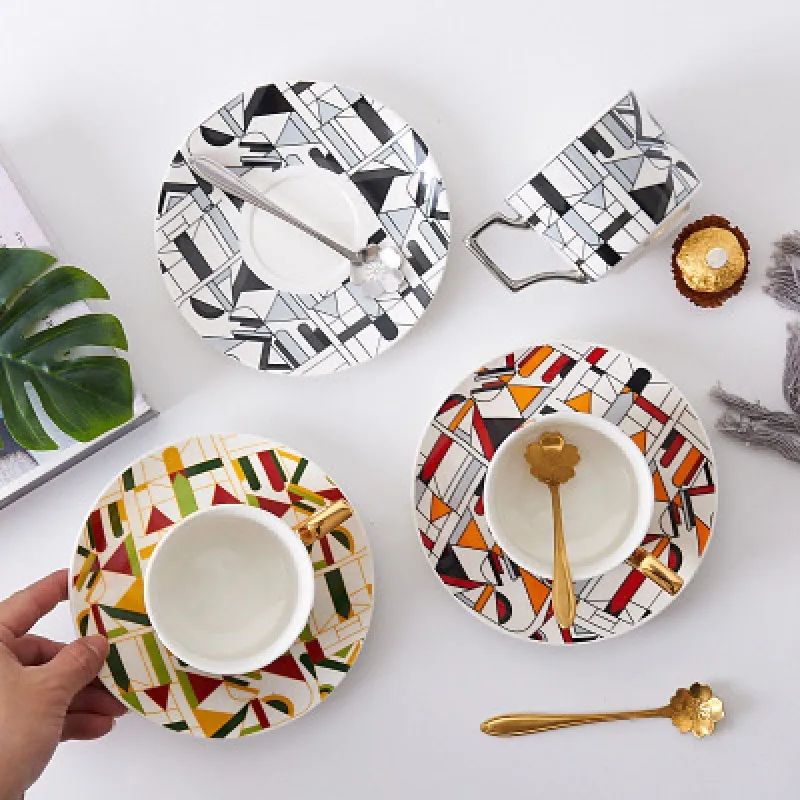 

Ceramic Tea Cups And Saucer Sets geometric coffee cup plate mug cake plate afternoon tea set Drinkware Birthday Gift