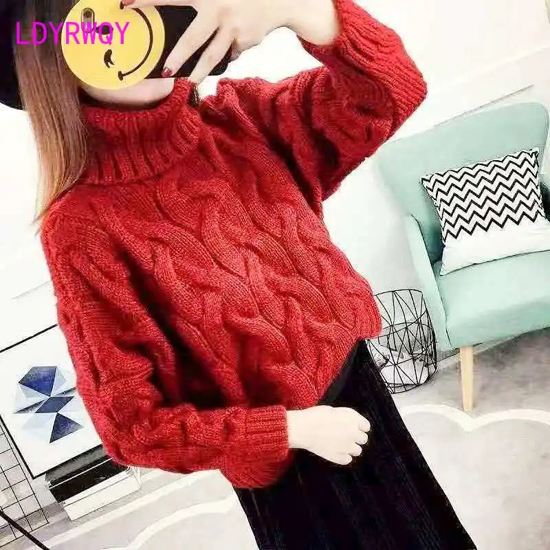 

Plus velvet thick short turtleneck sweater women's pullover autumn and winter new loose lazy style twist coarse wool sweater