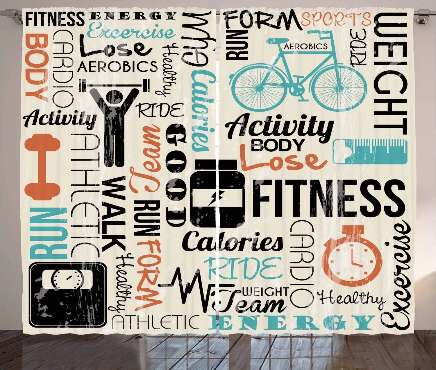 

Fitness Curtains Healthy and Active Life Concept Exercising Sports Text Grunge Effect Gym Concept Living Room Window Drapes