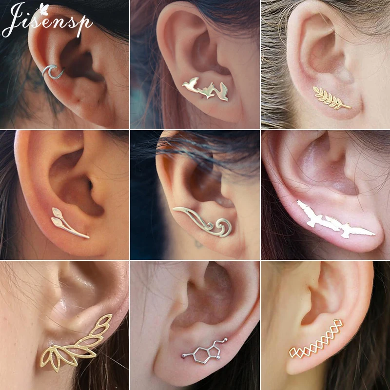 

Jisensp Bohemian Trendy Earing Jewelry Leaf Ear Climber Crystal Earrings Studs for Women Everyday Jewelry Boho Wave Earings
