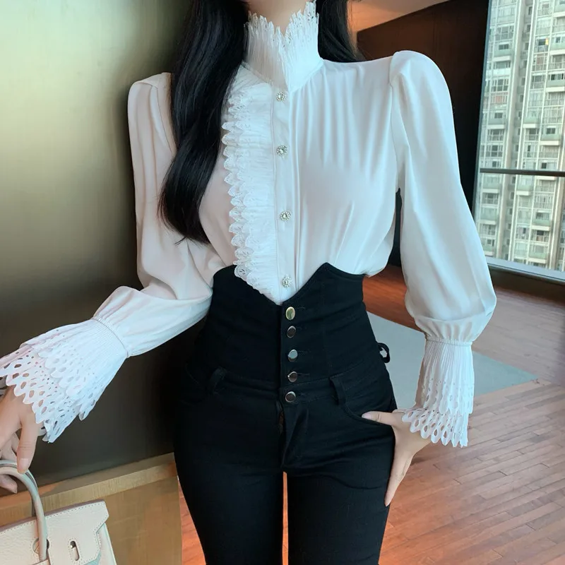 

Korean Ruffle Chiffon Shirt Elegant Sweet Chic Long Flare Sleeve Women Blouse Solid Color Tops Stand Collar Lady Clothes Blusas