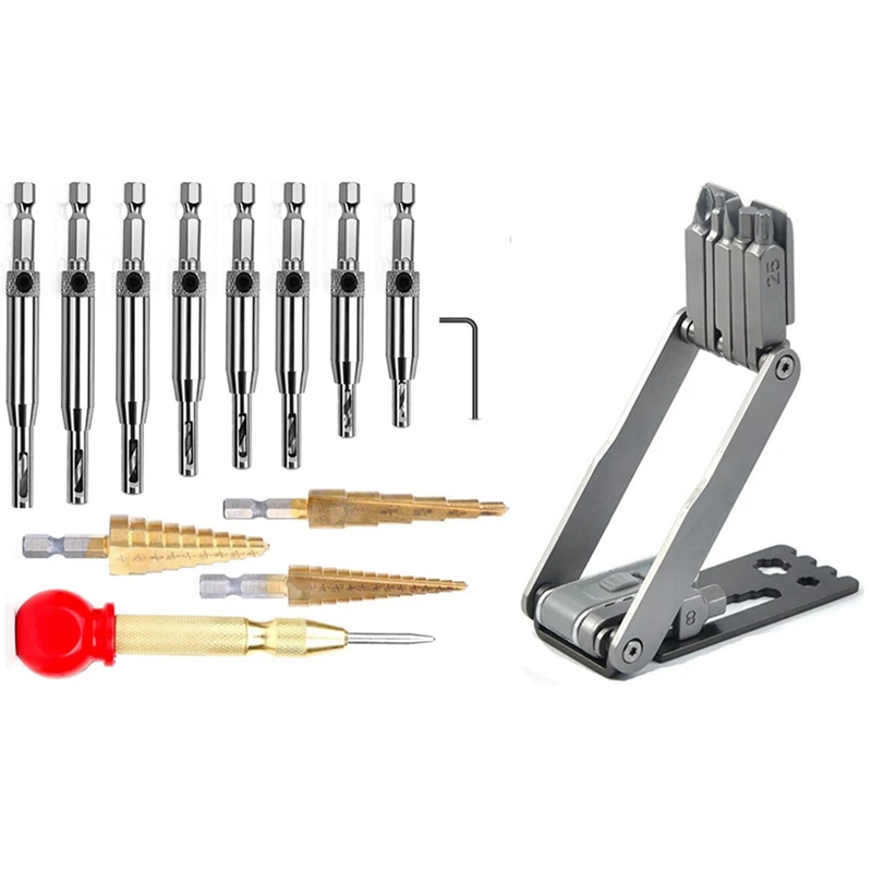 

13 Hinge Drill Set with 8 Cabinet Hinge Hole Openers with Stainless Steel Multipurpose Portable Hexagon Wrench Tool