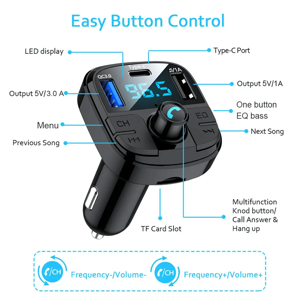 

AUTO FM Transmitter Aux Modulator Handsfree Car Kit Car Audio MP3 Player with Quick Charge Dual USB Type-c