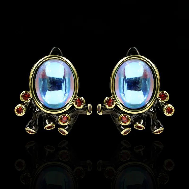 

BLACK ANGEL Fashion Lady Baroque Vintage Style 925 Silver Blue Moonstone Temperament Earrings Luxury Black Gold Two-tone Jewelry