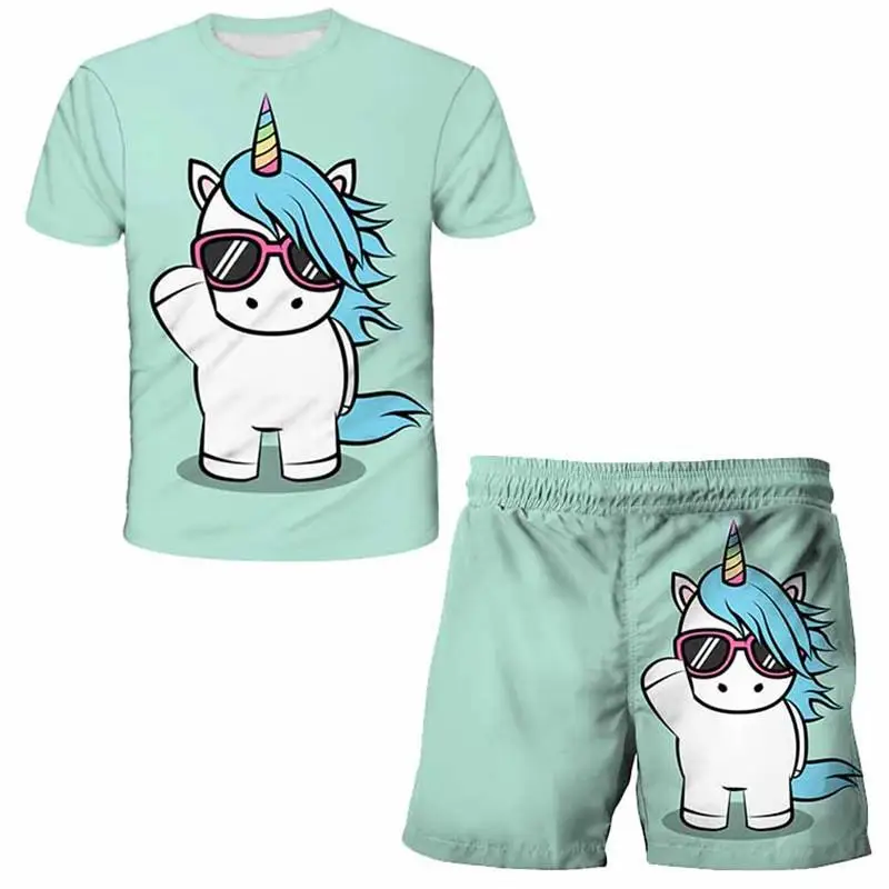 

2021 Fashion Unicorn Summer Autumn Hot Sale Kids Girls Boys Outfit Cartoon Cotton Polyester Clothes Casual T Shirt Short PantsV