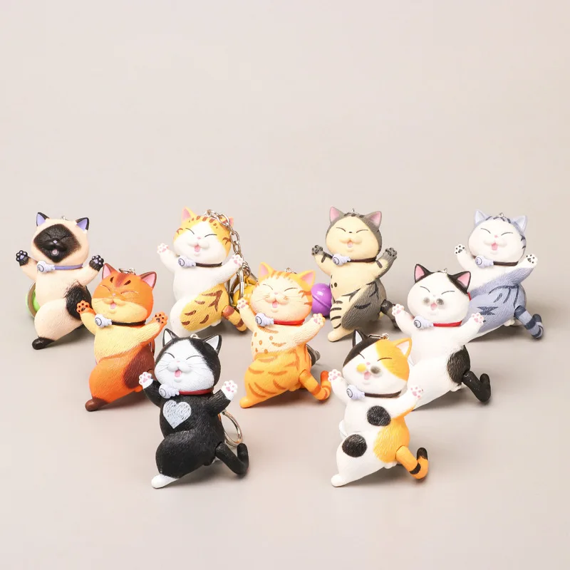 

9 Pcs/Lot Cute Happy Cat Keychains Chubby Kitten Keyring Trinket Bag Ornament Cartoon Car Keys Chains Turned Cat Women Jewelry