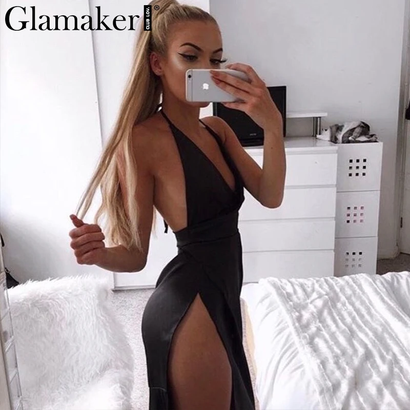 Glamaker сексуальное сатиновое летнее платье с лямкой через шею, сарафан, женское мини-платье с глубоким v-образным вырезом и открытой спиной, элегантное короткое вечернее платье vestidos