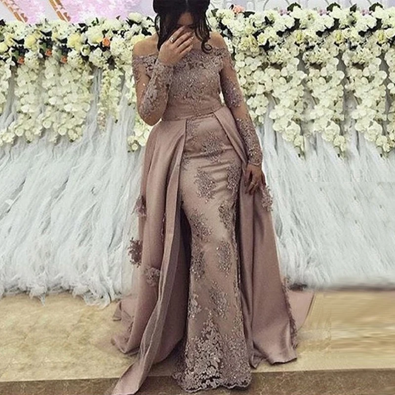 

2021 Off the Shoulder Mermaid Prom Gowns Arabic Muslim Long Sleeve Evening Dresses Robes Elegant Women Formal Party Long Dress