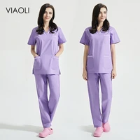 pet grooming spa nursing scrubs uniform set pure color hospital nurse fitting operating room surgical gown wholesale v neck