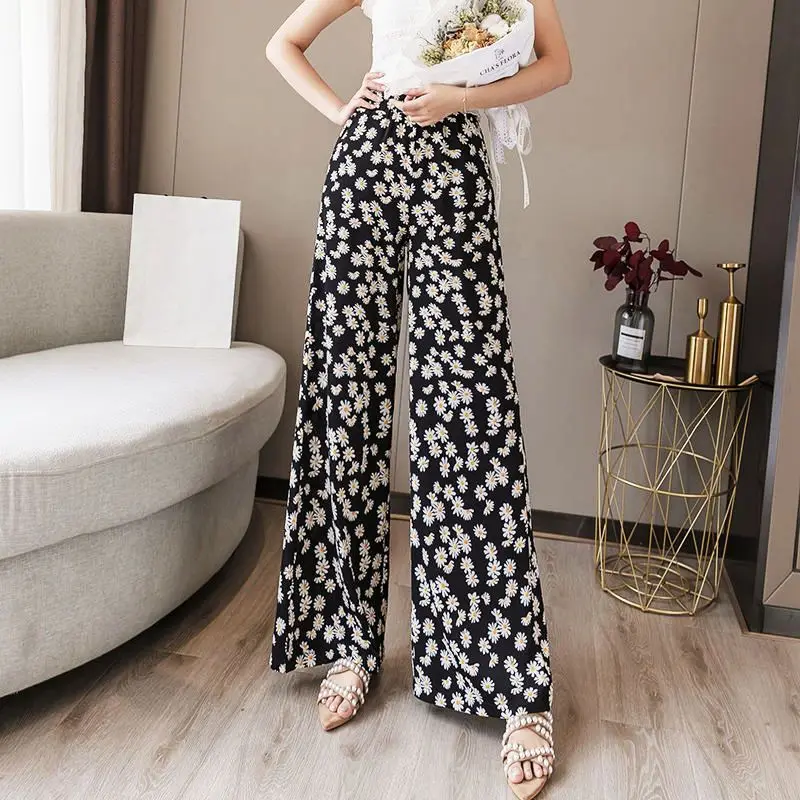 

Harajuku daisy printing trousers women wide-leg flared pants 2021 summer new Korean fashion drape high waist wide casual pants