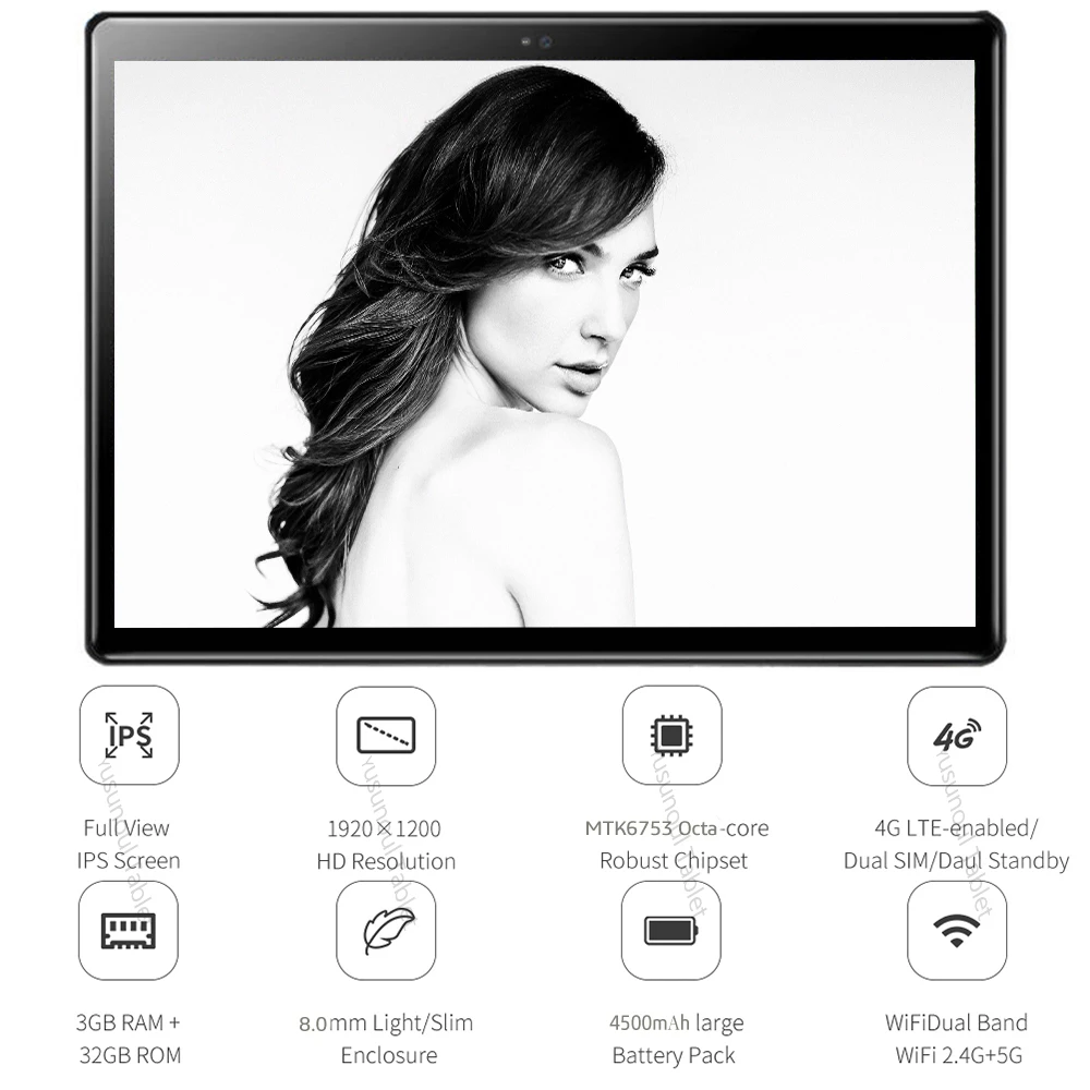 10-дюймовый планшет с разрешением HD 1920*1200, встроенной памятью 32 ГБ, восьмиядерным процессором, двумя камерами, Android 7.0, с защитным стеклом 2.5D