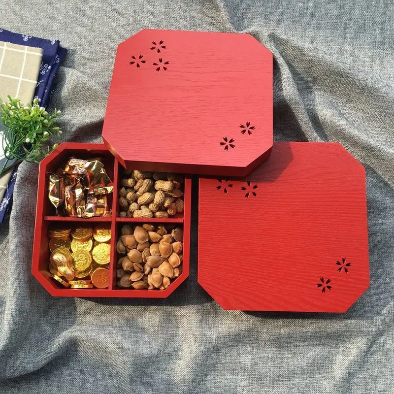 Тарелка из цельной древесины в китайском стиле красная четыре цветка вишни