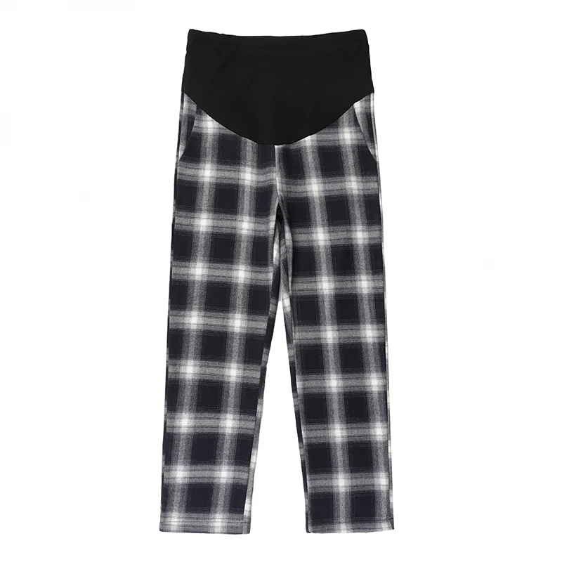 

389 2021 Spring Vintage Casual Plaid Maternity Pants 9/10 Length Loose Belly Pants Clothes for Pregnant Women Pregnancy Trousers