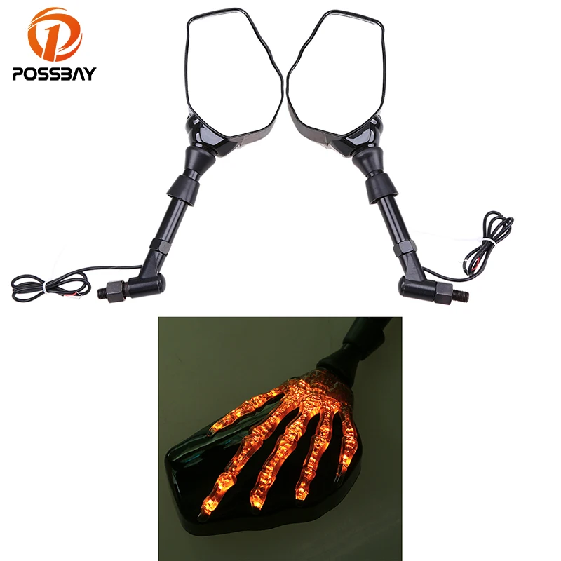 Зеркало заднего вида для мотоцикла POSSBAY 10 мм с черепом СВЕТОДИОДНЫЙ ПОВОРОТНЫЙ