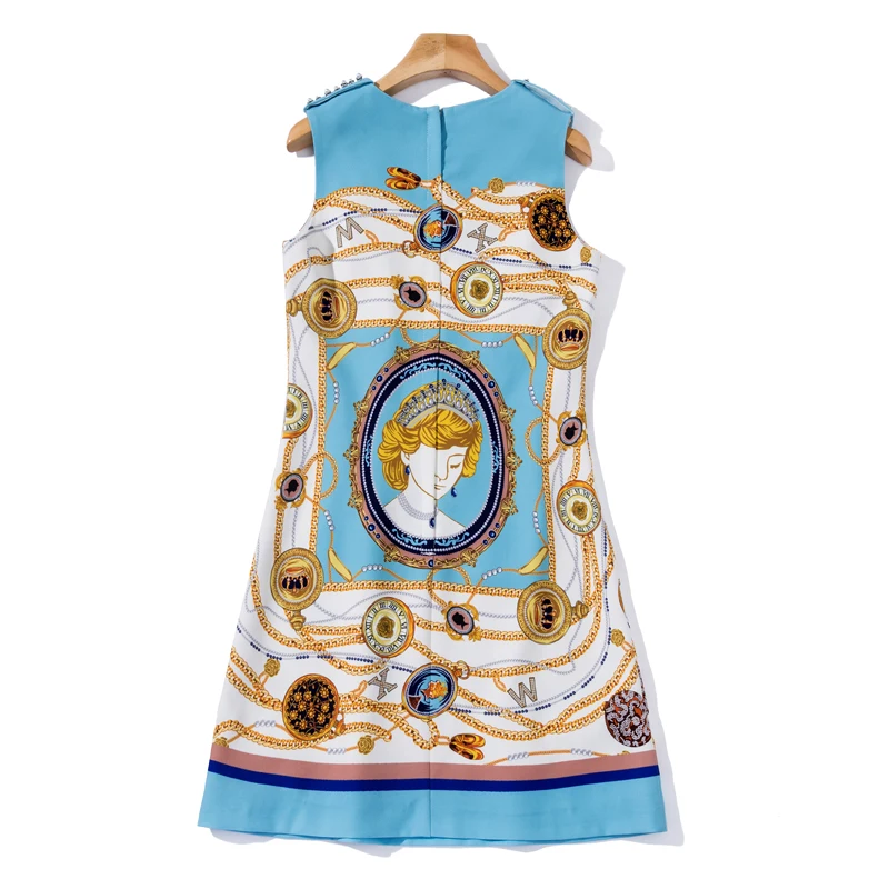 

DIDABOLE Summer High Quality Gorgeous Diamond Pearl Decoration Mini Dress New Women'S Printing Patchwork Fashion Vest Dress