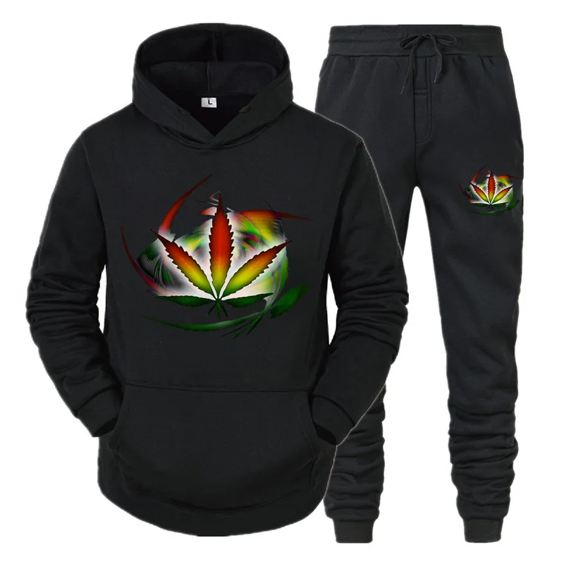 

Weed Hoodie Suit Winter Fashion Men and Women Retro Printed Harajuku Long Sleeve + Elastic Pants Casual Fleece Loose Sportswear