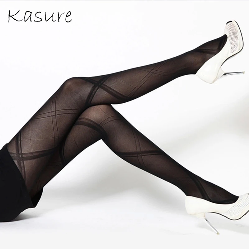 Фото KASURE сексуальные женские колготки в клетку прозрачная сетка жаккардовые модные