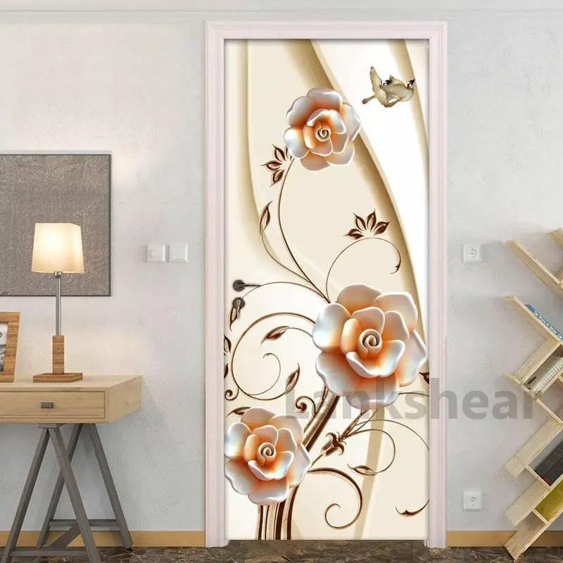 

3D Stereo Flowers Door Stickers Mural Wallpaper Wall Decals Living Room Bedroom Door Decoration Waterproof Self-adhesive Sticker