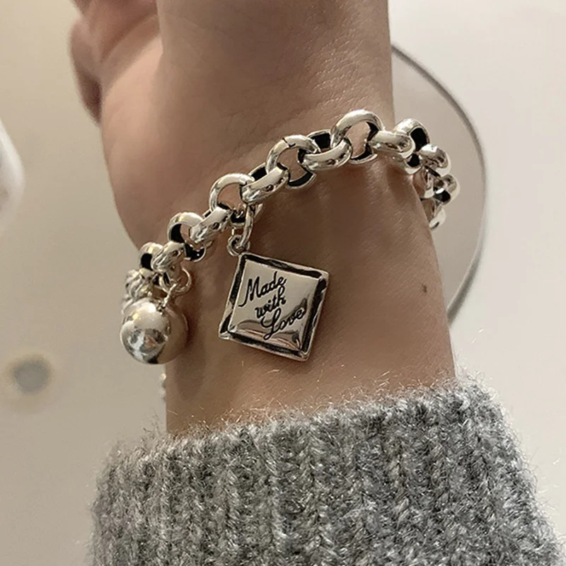 

Silver Color Made With Love English Square Charms Bracelet for Women Lucky Girl Love Heart Cross Hip Hop Punk Bracelet Jewelry