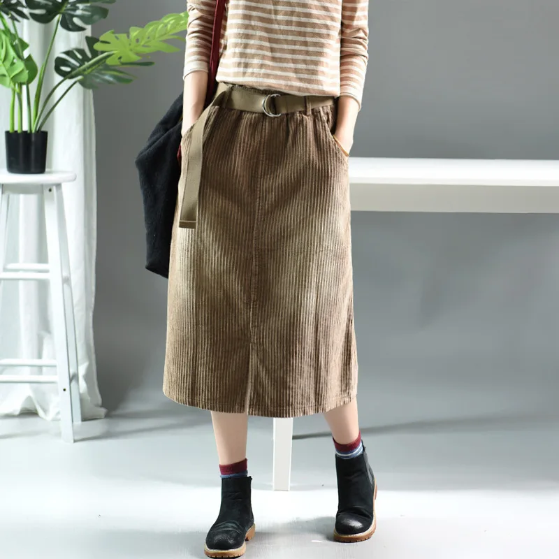 Осенняя Женская юбка в стиле ретро с эластичным поясом Вельветовая разрезом