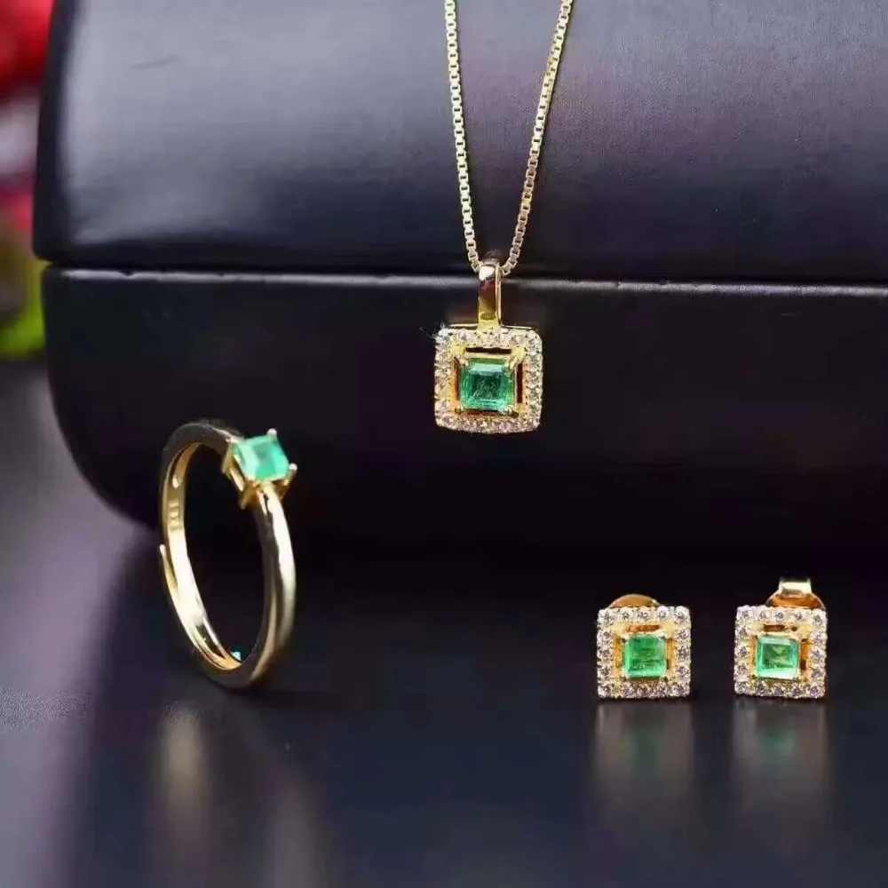 Комплект из кольца и серёг с натуральным изумрудом 3 мм|jewelry sets|set emeraldset cut |