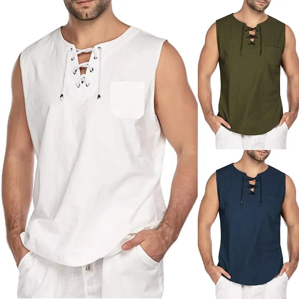Casual Summer Men Solid Color Sleeveless V Neck Bandage Pocket Vest T-shirt Top Front Bandage Summer street wear T-shirt Tops