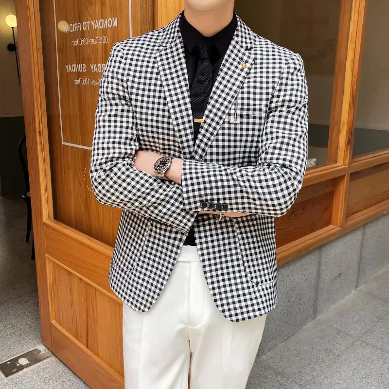 Мужской Клетчатый Блейзер деловой приталенный модная уличная одежда пиджак для