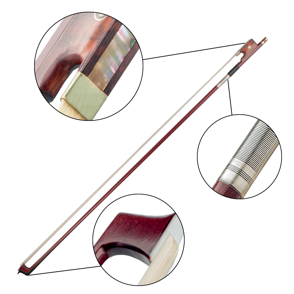 NAOMI 4/4 Size Violin/Fiddle Bow Brazilwood Bow Round Stick White Horsehair W/Snakewood Frog Horsehair Well Balance