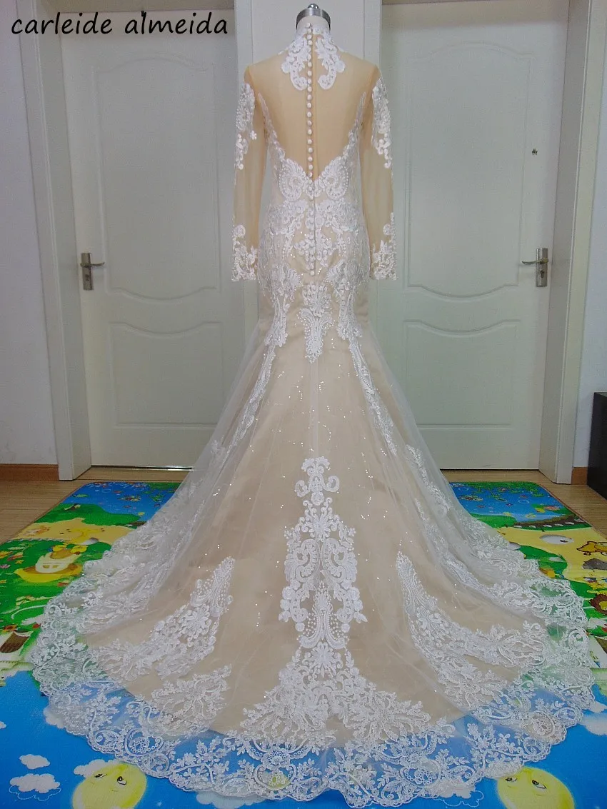 Vestido de noiva, свадебное платье с длинным рукавом, Русалка,, высокая горловина, Кружевная аппликация, Trouwjurk