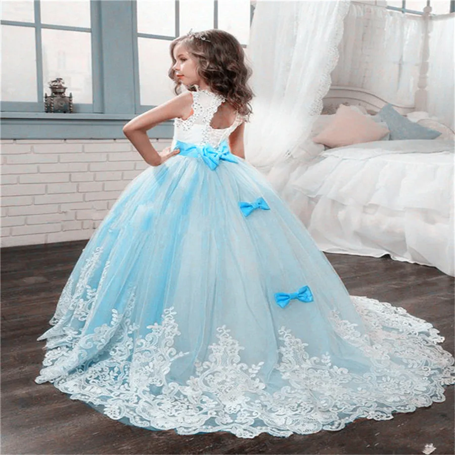 

Flower Girl Dresses Bow Beaded Crystal Lace Applique Fluffy Tulle Birthday Prty Ball Gown for Girls First Holy Communion Dress