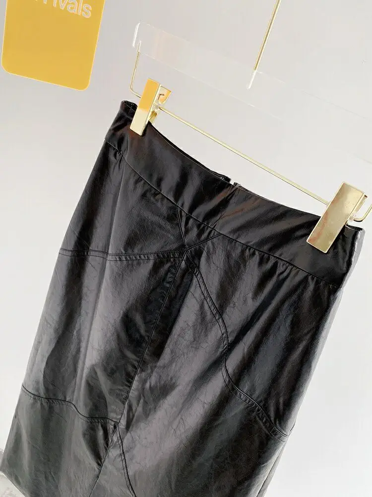 

2021 Spring New Arrive Women PU Midi Skirt High Waist A-line Back Zipper Front Hem Slit Fashion OL Skirts