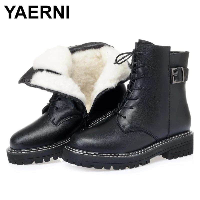 Женские ботинки мартинсы YAERNI, зимние теплые ботинки из натуральной кожи на толстой шерсти, повседневные мотоциклетные ботинки больших размеров, 2021