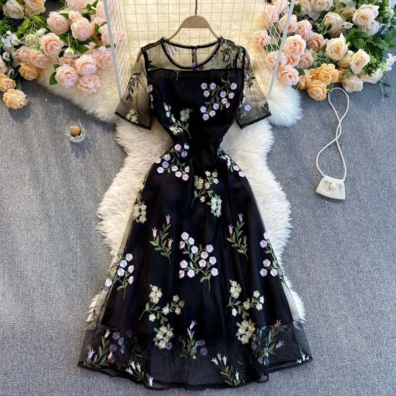 

High Quality Net yarn Embroidery Temperament Black Dress Women Round neck Short-sleeved Floral Embroidery Lady Mid-length Dress