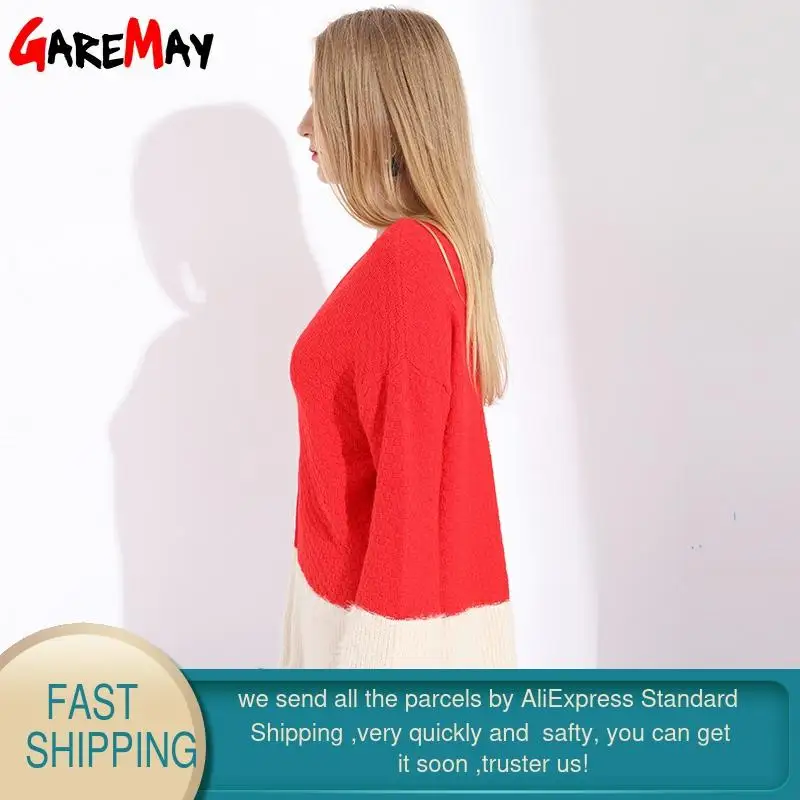 Garemay Women's Mohair Knitted Sweater Female Womens Oversized Sweaters And Pullovers V Neck Loose Patchwork Red | Женская одежда
