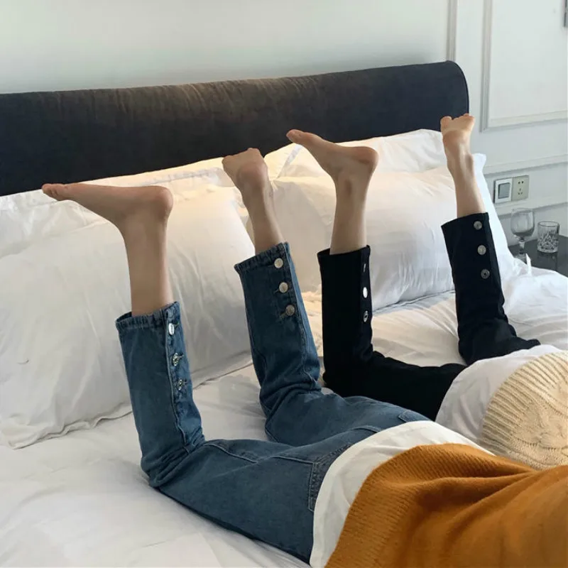 

Jeans Women Denim Button Pockets Zipper Loose Ankle-length Solid Simple Casual Korean Style Retro Ulzzang Womens Streetwear Chic