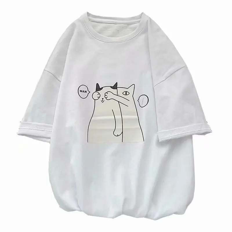 Летняя одежда 2021 свободная футболка с коротким рукавом и принтом кота - купить по