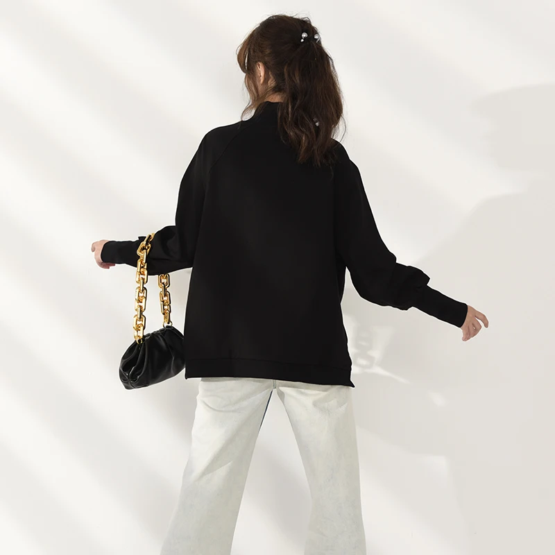 

Black Loose Fit Zipper Irregular Sweatshirt New Turtleneck Long Sleeve Women Big Size Fashion Spring Autumn 2021 JQ02101