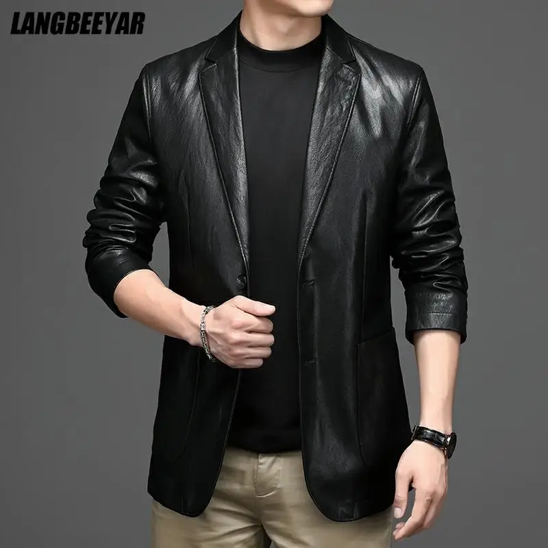 

Top Grade Brand Casual Fashion Trendy Slim Fit Faux PU Mens Leather Blazer Jacket Black Classic Autumn Winter Coats Men Clothing