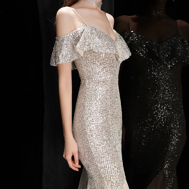 

Ruffle Evening Dress 2020 Sequins Sling Evening Dresses For Women Sleeveless Robe De Soiree Mermaid Formal Gowns Cheongsam