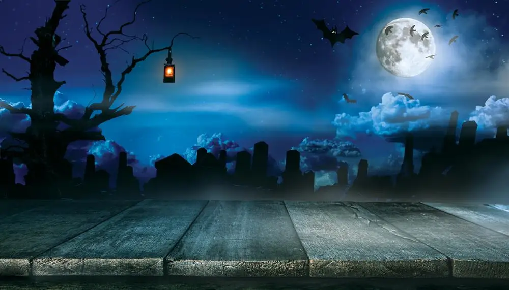 

Photography backdrops dark full moon Halloween wooden floor spooky forest bats horror background for photo camera