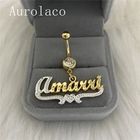 aurolaco custom name belly ring stainless steel custom body jewelry zircon belly ring gold color gift for women