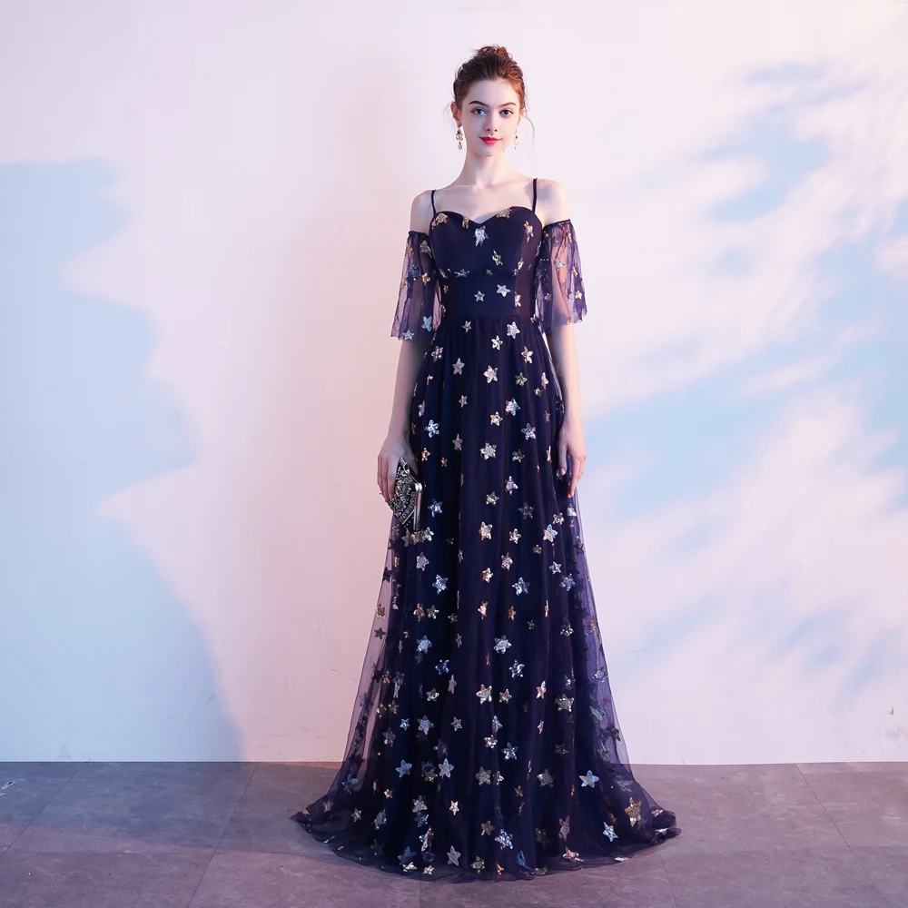 

2019 New Off Shoulder Mesh Shining Evening Deess Sweetheart Gowns With Star Robe De Soiree Size 6-16