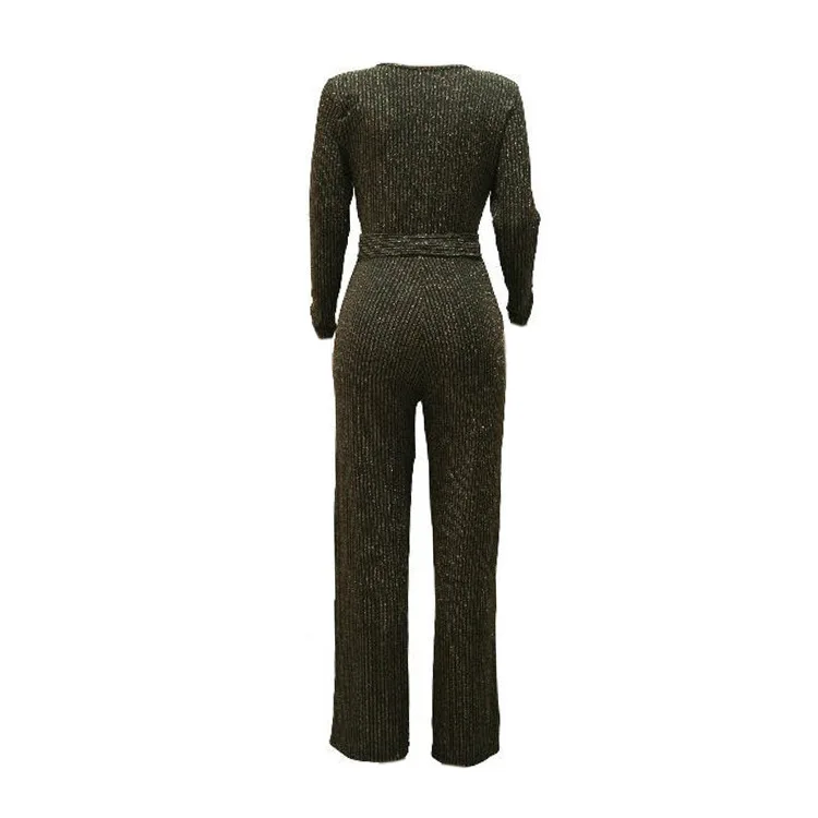 

Sexy Jumpsuit Long Sleeves Wide Leg Deep V Neck Women Black Glitter with Sashes Female Slim Lage Size Romper Elastic Playsuits